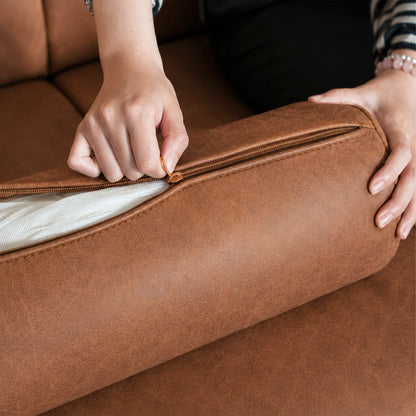 Brown Leather Sofa, Classic 3-Seater Living Room Couch with Button Tufted Design, Pocket Spring Cushion and Sturdy Wood Frame