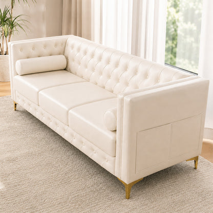 White Faux Leather Couch, Modern Tufted 3-Seat Sofa with Decorative Pillows, Metal Legs and High-Rebound Sponge Comfort for Home