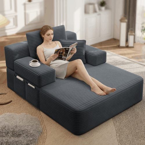 Oversized Plush Corduroy Chaise Lounge Sofa, Convertible Sleeper Couch Bed with Storage Pockets & 3 Pillows