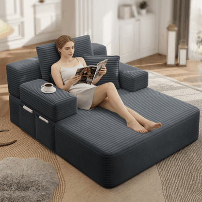 Oversized Plush Corduroy Chaise Lounge Sofa, Convertible Sleeper Couch Bed with Storage Pockets & 3 Pillows