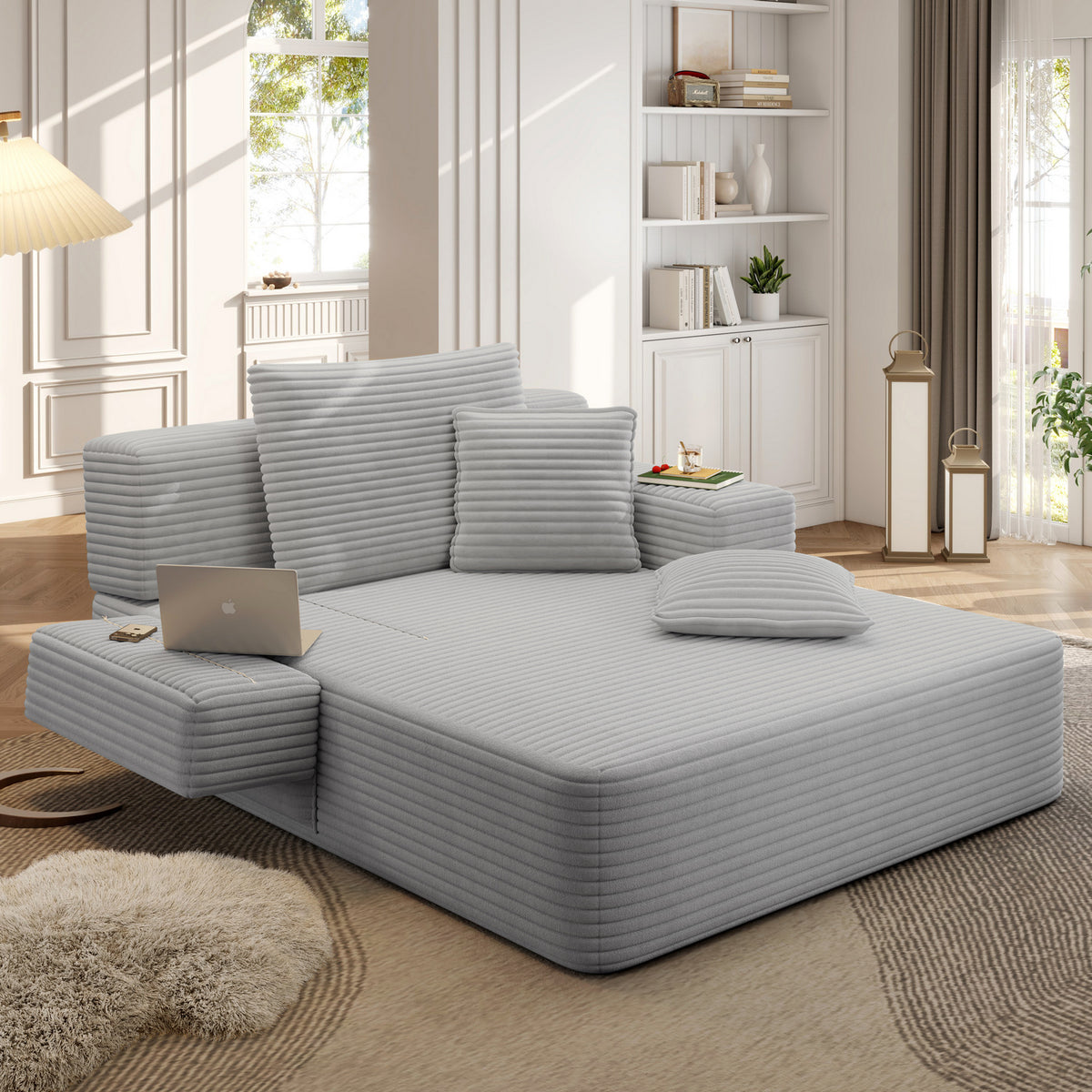 Oversized Plush Corduroy Chaise Lounge Sofa, Convertible Sleeper Couch Bed with Storage Pockets & 3 Pillows