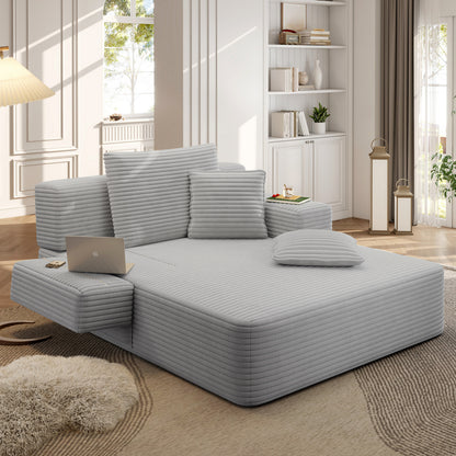Oversized Plush Corduroy Chaise Lounge Sofa, Convertible Sleeper Couch Bed with Storage Pockets & 3 Pillows