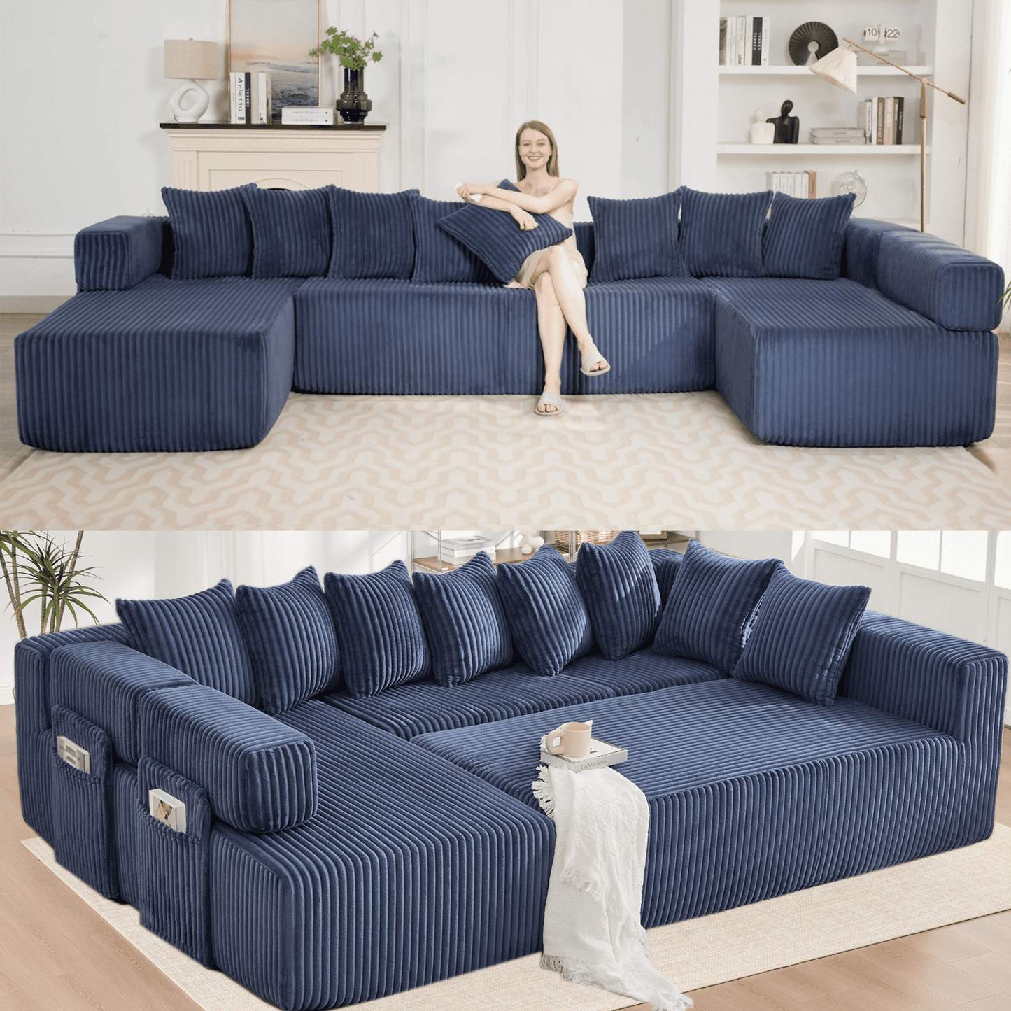 Blue Convertible Modular Sofa – 6-Seat U-Shaped Corduroy Sectional Couch with Magazine Bag & Flexible Layout