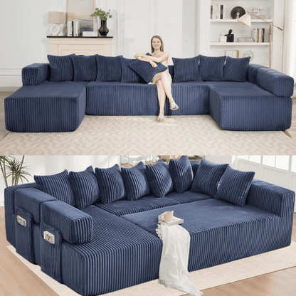 Blue Convertible Modular Sofa – 6-Seat U-Shaped Corduroy Sectional Couch with Magazine Bag & Flexible Layout