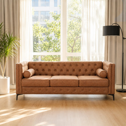 Brown Leather Sofa, Classic 3-Seater Living Room Couch with Button Tufted Design, Pocket Spring Cushion and Sturdy Wood Frame