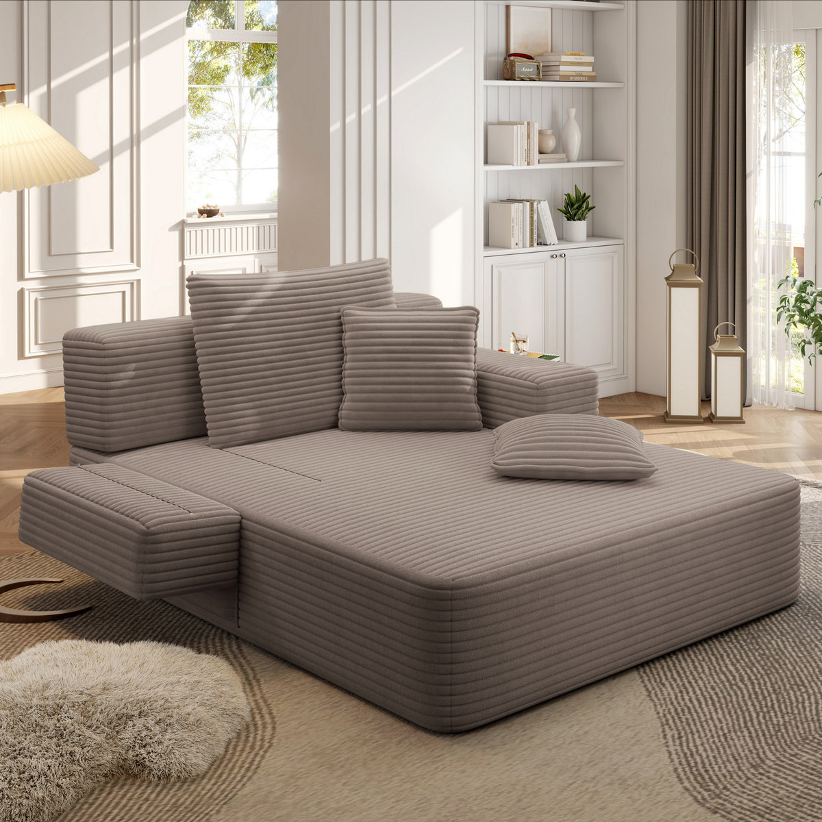 Oversized Plush Corduroy Chaise Lounge Sofa, Convertible Sleeper Couch Bed with Storage Pockets & 3 Pillows