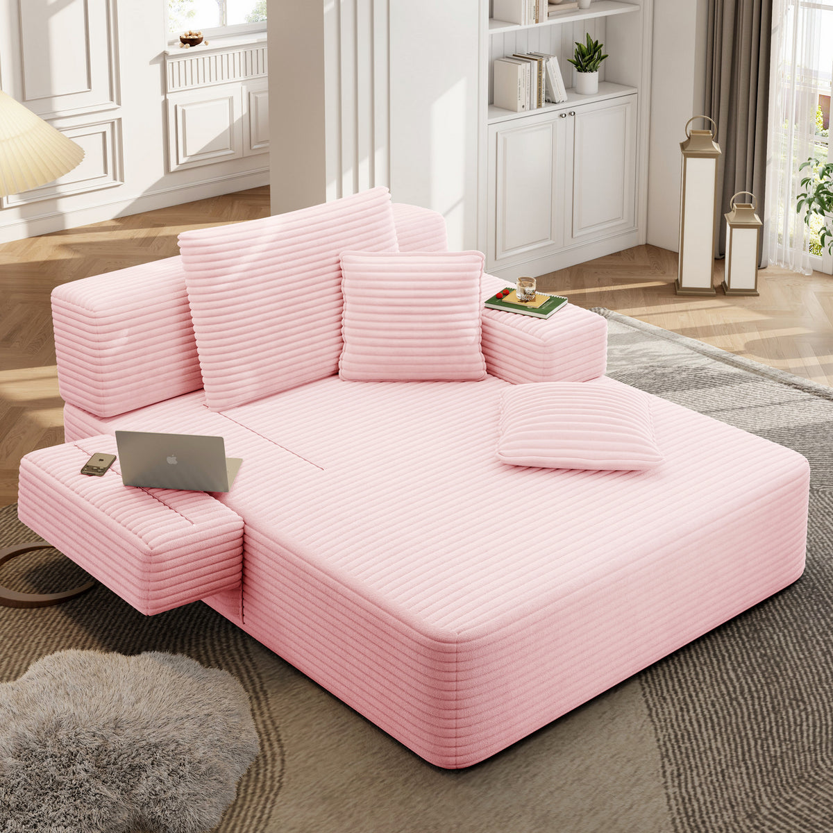 Oversized Plush Corduroy Chaise Lounge Sofa, Convertible Sleeper Couch Bed with Storage Pockets & 3 Pillows