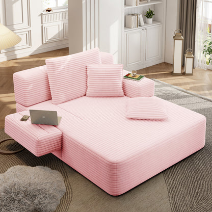 Oversized Plush Corduroy Chaise Lounge Sofa, Convertible Sleeper Couch Bed with Storage Pockets & 3 Pillows
