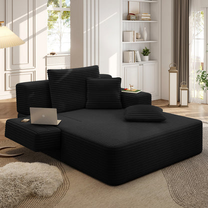 Oversized Plush Corduroy Chaise Lounge Sofa, Convertible Sleeper Couch Bed with Storage Pockets & 3 Pillows