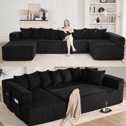 Black 6-Seat U-Shaped Sleeper Sectional Sofa – Convertible Corduroy Modular Couch with 8 Pillows & Storage Pocket