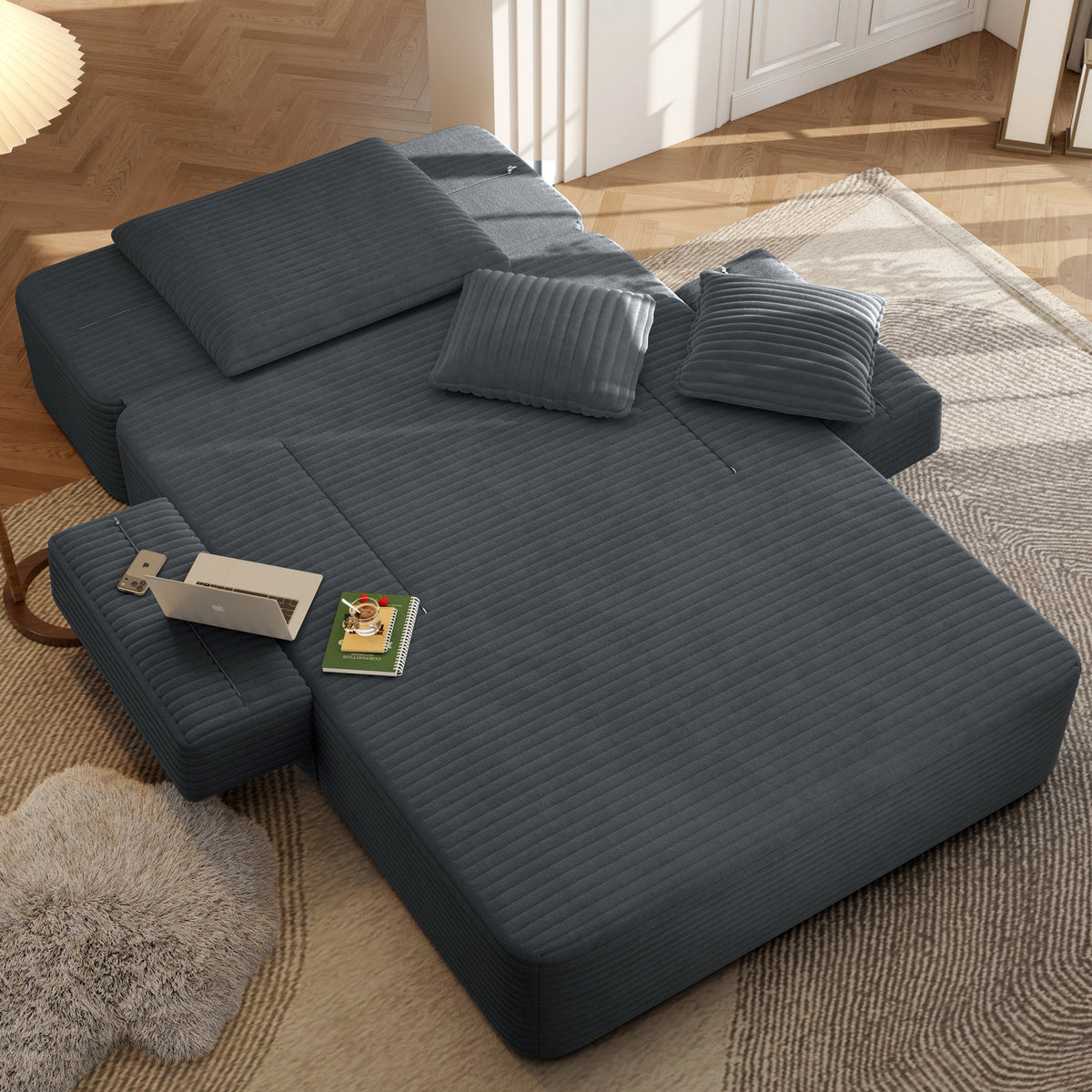 Oversized Plush Corduroy Chaise Lounge Sofa, Convertible Sleeper Couch Bed with Storage Pockets & 3 Pillows