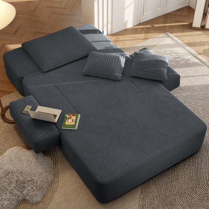 Oversized Plush Corduroy Chaise Lounge Sofa, Convertible Sleeper Couch Bed with Storage Pockets & 3 Pillows