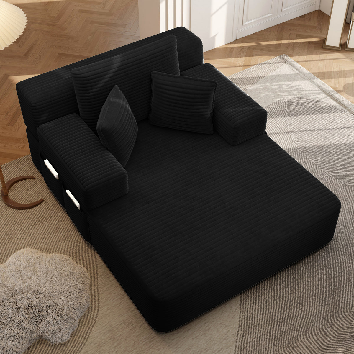 Oversized Plush Corduroy Chaise Lounge Sofa, Convertible Sleeper Couch Bed with Storage Pockets & 3 Pillows