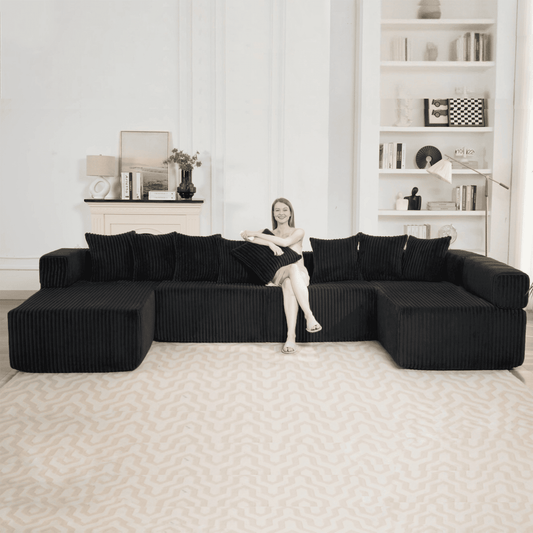 Black 6-Seat U-Shaped Sleeper Sectional Sofa – Convertible Corduroy Modular Couch with 8 Pillows & Storage Pocket