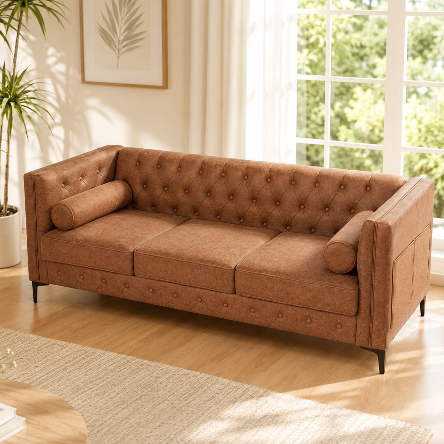 Brown Leather Sofa, Classic 3-Seater Living Room Couch with Button Tufted Design, Pocket Spring Cushion and Sturdy Wood Frame