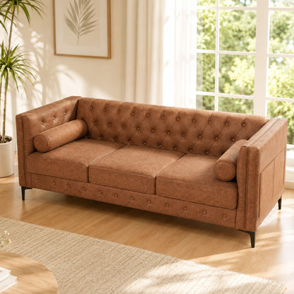 Brown Leather Sofa, Classic 3-Seater Living Room Couch with Button Tufted Design, Pocket Spring Cushion and Sturdy Wood Frame