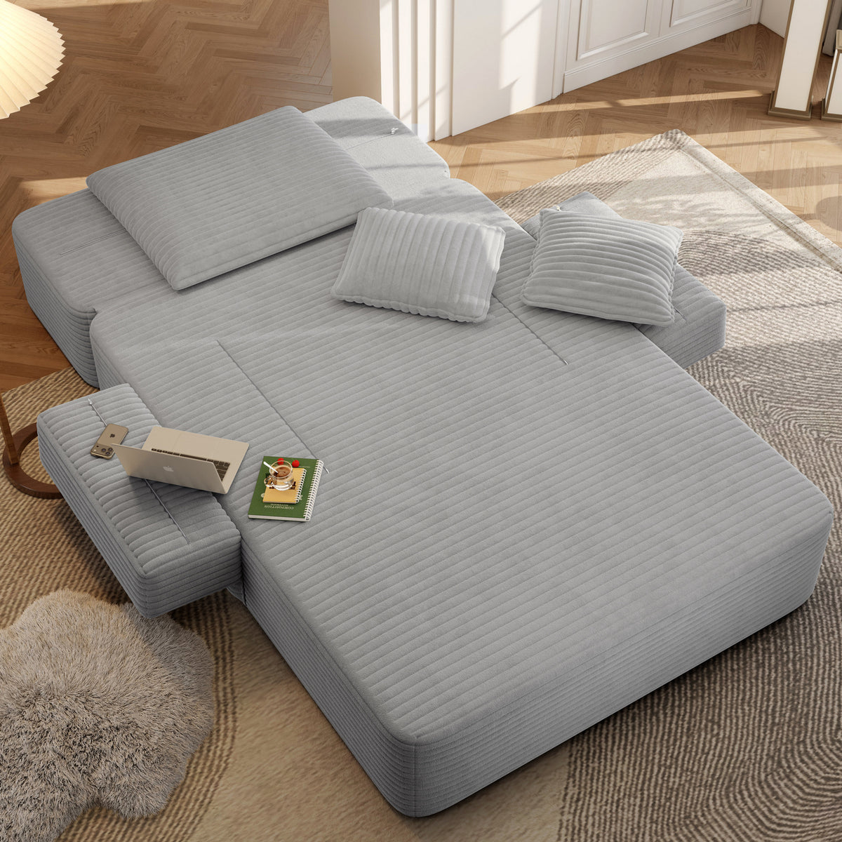 Oversized Plush Corduroy Chaise Lounge Sofa, Convertible Sleeper Couch Bed with Storage Pockets & 3 Pillows