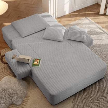Oversized Plush Corduroy Chaise Lounge Sofa, Convertible Sleeper Couch Bed with Storage Pockets & 3 Pillows