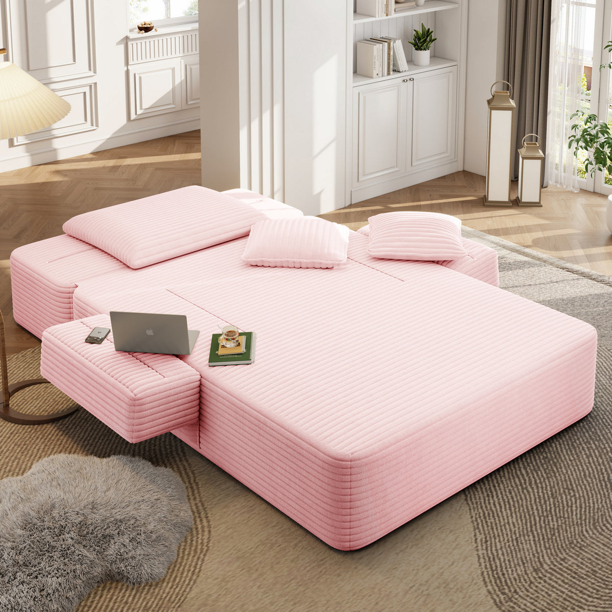 Oversized Plush Corduroy Chaise Lounge Sofa, Convertible Sleeper Couch Bed with Storage Pockets & 3 Pillows