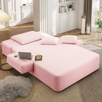 Oversized Plush Corduroy Chaise Lounge Sofa, Convertible Sleeper Couch Bed with Storage Pockets & 3 Pillows