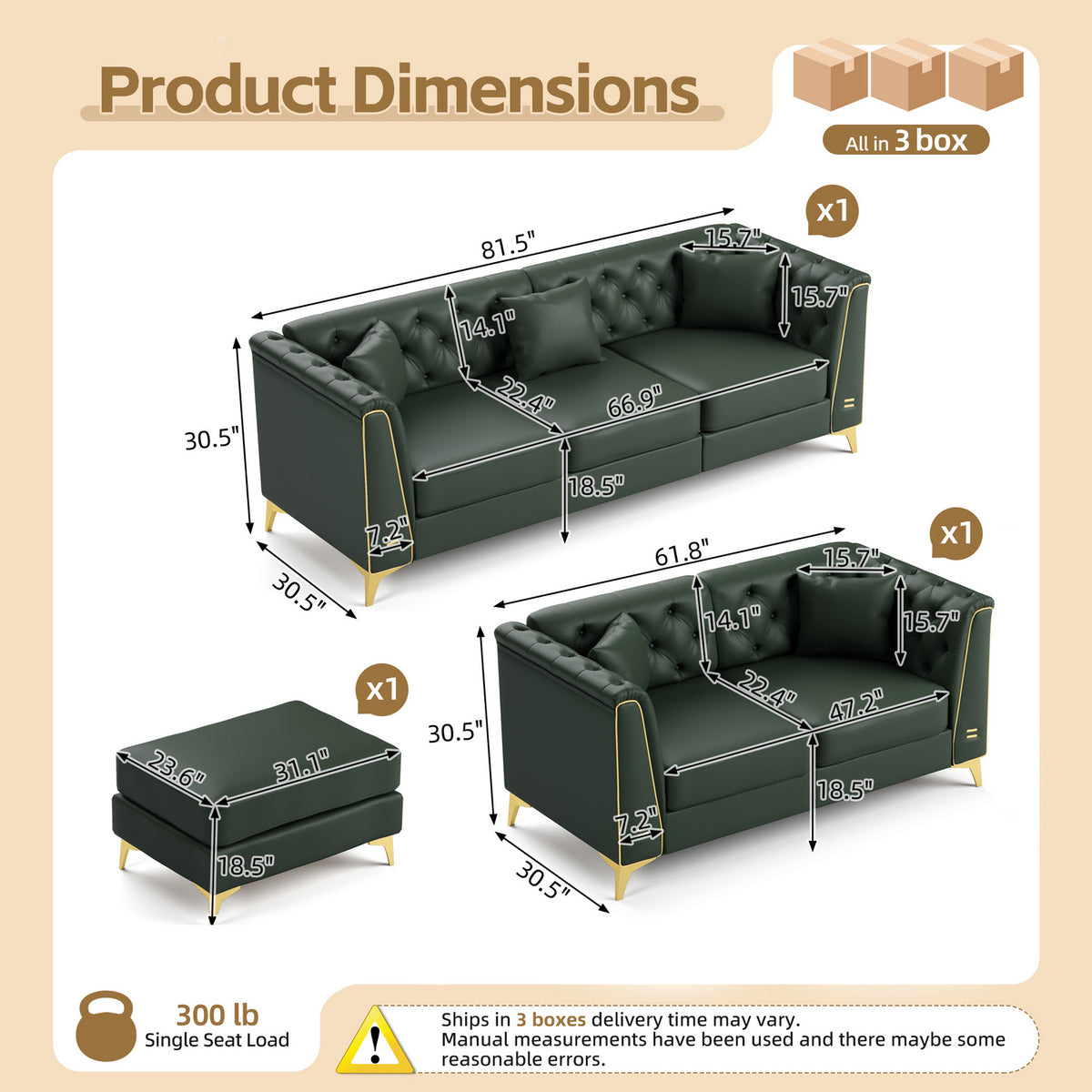 5 Pillows Light Luxury Chesterfield Sofa, Faux Leather, Metal Trim Armrests, Button Tufting & Thin Metal Legs