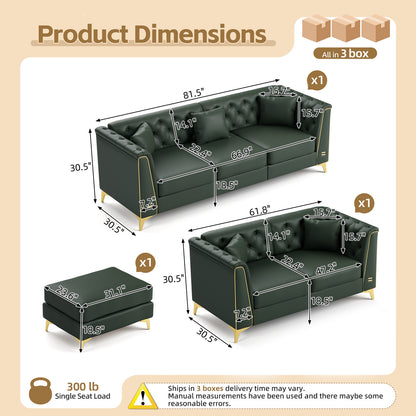 5 Pillows Light Luxury Chesterfield Sofa, Faux Leather, Metal Trim Armrests, Button Tufting & Thin Metal Legs