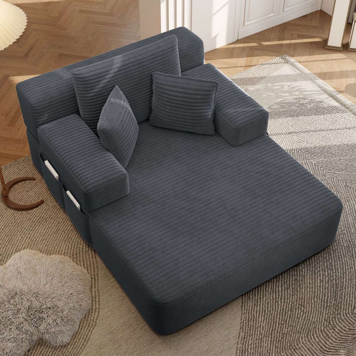 Oversized Plush Corduroy Chaise Lounge Sofa, Convertible Sleeper Couch Bed with Storage Pockets & 3 Pillows