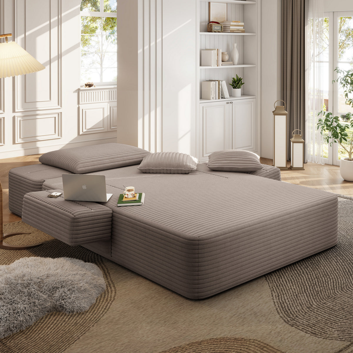 Oversized Plush Corduroy Chaise Lounge Sofa, Convertible Sleeper Couch Bed with Storage Pockets & 3 Pillows