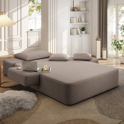 Oversized Plush Corduroy Chaise Lounge Sofa, Convertible Sleeper Couch Bed with Storage Pockets & 3 Pillows