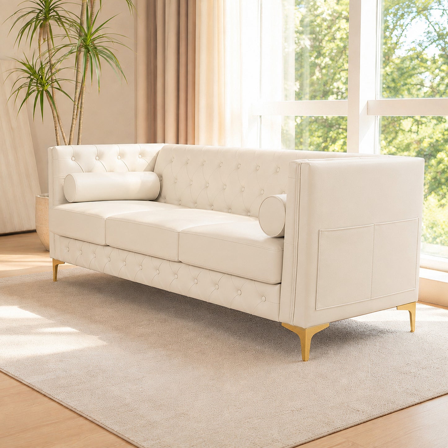 White Faux Leather Couch, Modern Tufted 3-Seat Sofa with Decorative Pillows, Metal Legs and High-Rebound Sponge Comfort for Home