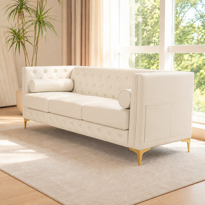 White Faux Leather Couch, Modern Tufted 3-Seat Sofa with Decorative Pillows, Metal Legs and High-Rebound Sponge Comfort for Home