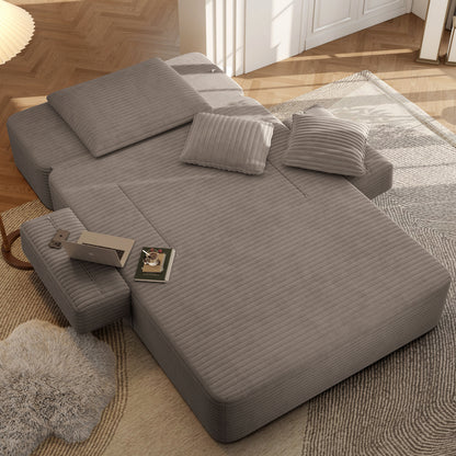 Oversized Plush Corduroy Chaise Lounge Sofa, Convertible Sleeper Couch Bed with Storage Pockets & 3 Pillows