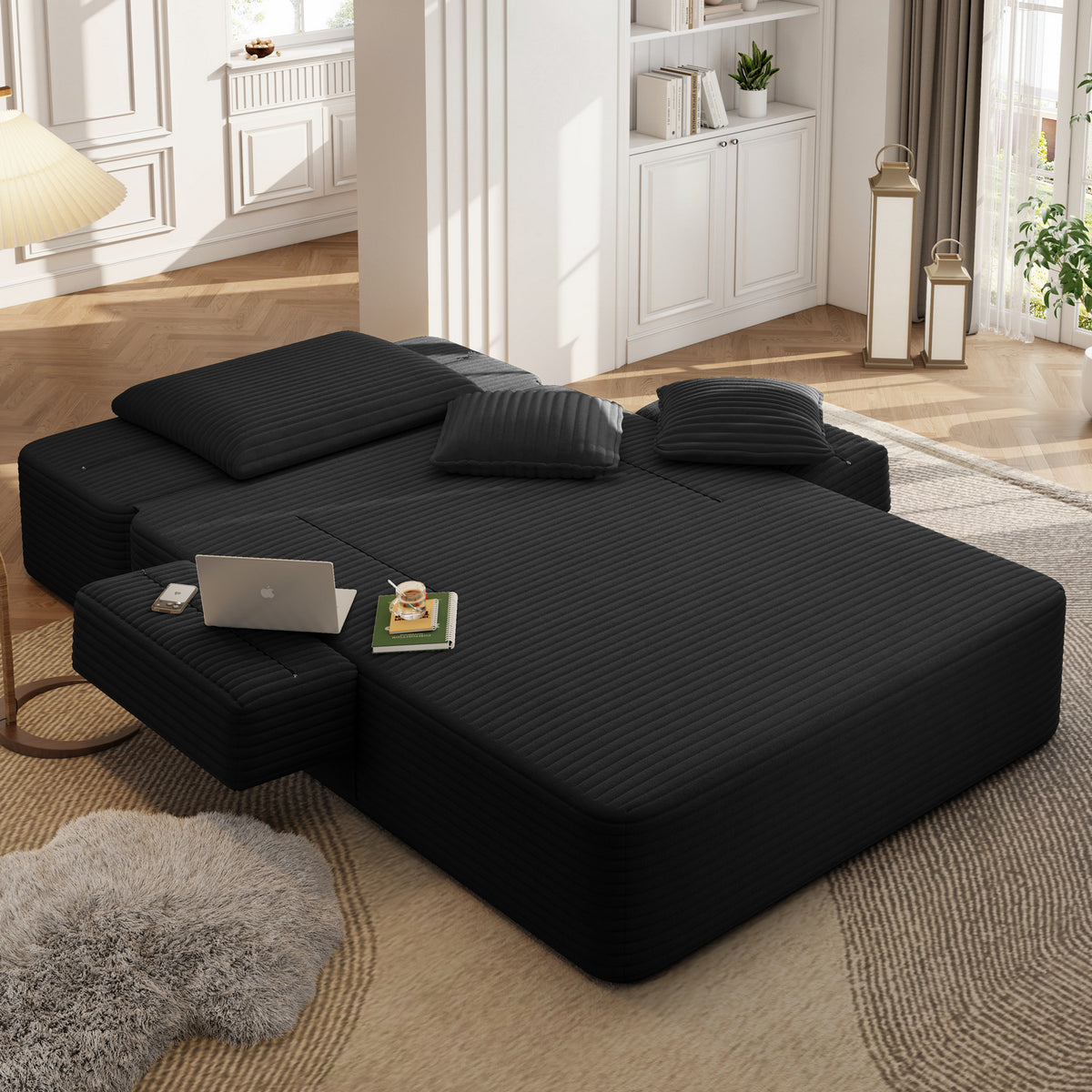 Oversized Plush Corduroy Chaise Lounge Sofa, Convertible Sleeper Couch Bed with Storage Pockets & 3 Pillows