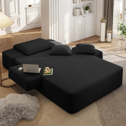 Oversized Plush Corduroy Chaise Lounge Sofa, Convertible Sleeper Couch Bed with Storage Pockets & 3 Pillows