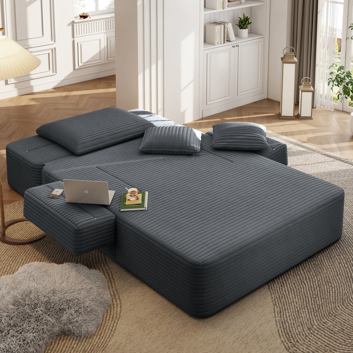 Oversized Plush Corduroy Chaise Lounge Sofa, Convertible Sleeper Couch Bed with Storage Pockets & 3 Pillows