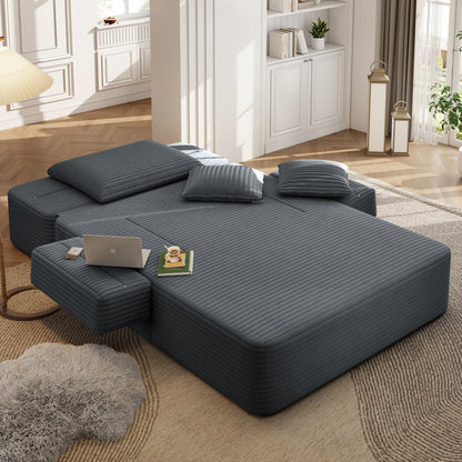 Oversized Plush Corduroy Chaise Lounge Sofa, Convertible Sleeper Couch Bed with Storage Pockets & 3 Pillows