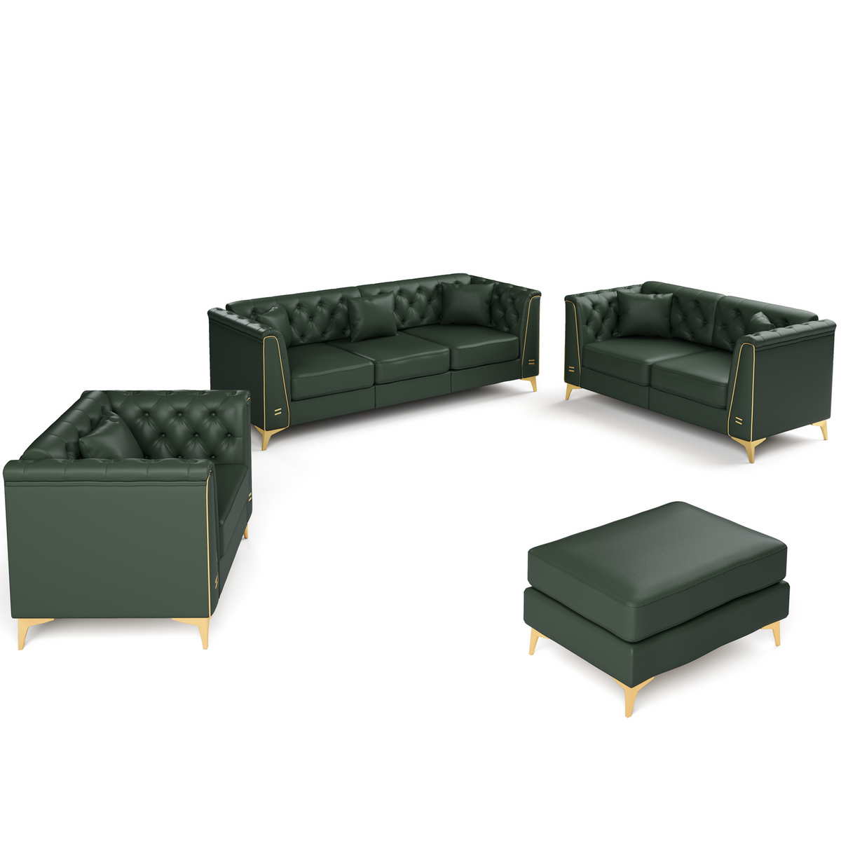6 Pillows Light Luxury Chesterfield Sofa, Faux Leather, Thin Metal Legs, Metal Trim Armrests & Button Tufting