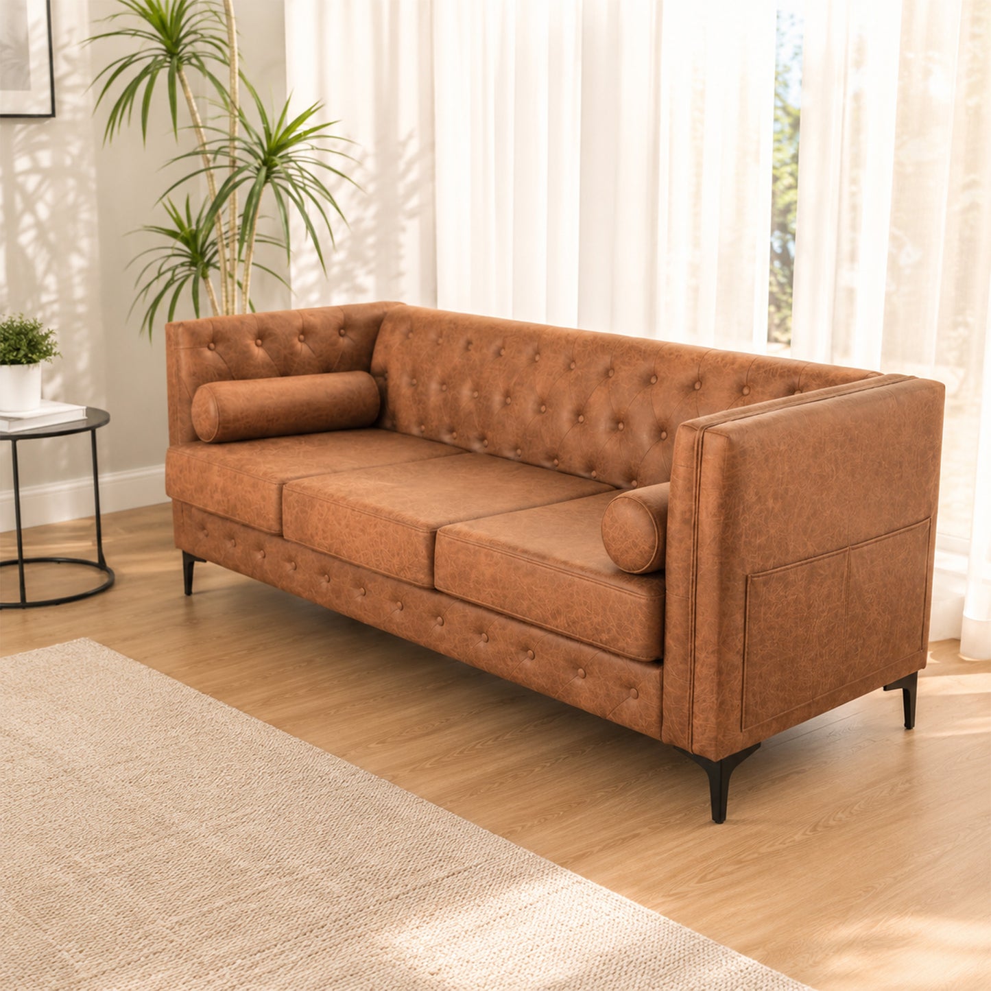 Brown Leather Sofa, Classic 3-Seater Living Room Couch with Button Tufted Design, Pocket Spring Cushion and Sturdy Wood Frame