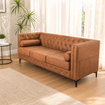 Brown Leather Sofa, Classic 3-Seater Living Room Couch with Button Tufted Design, Pocket Spring Cushion and Sturdy Wood Frame
