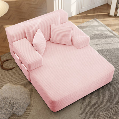 Oversized Plush Corduroy Chaise Lounge Sofa, Convertible Sleeper Couch Bed with Storage Pockets & 3 Pillows