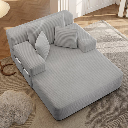 Oversized Plush Corduroy Chaise Lounge Sofa, Convertible Sleeper Couch Bed with Storage Pockets & 3 Pillows