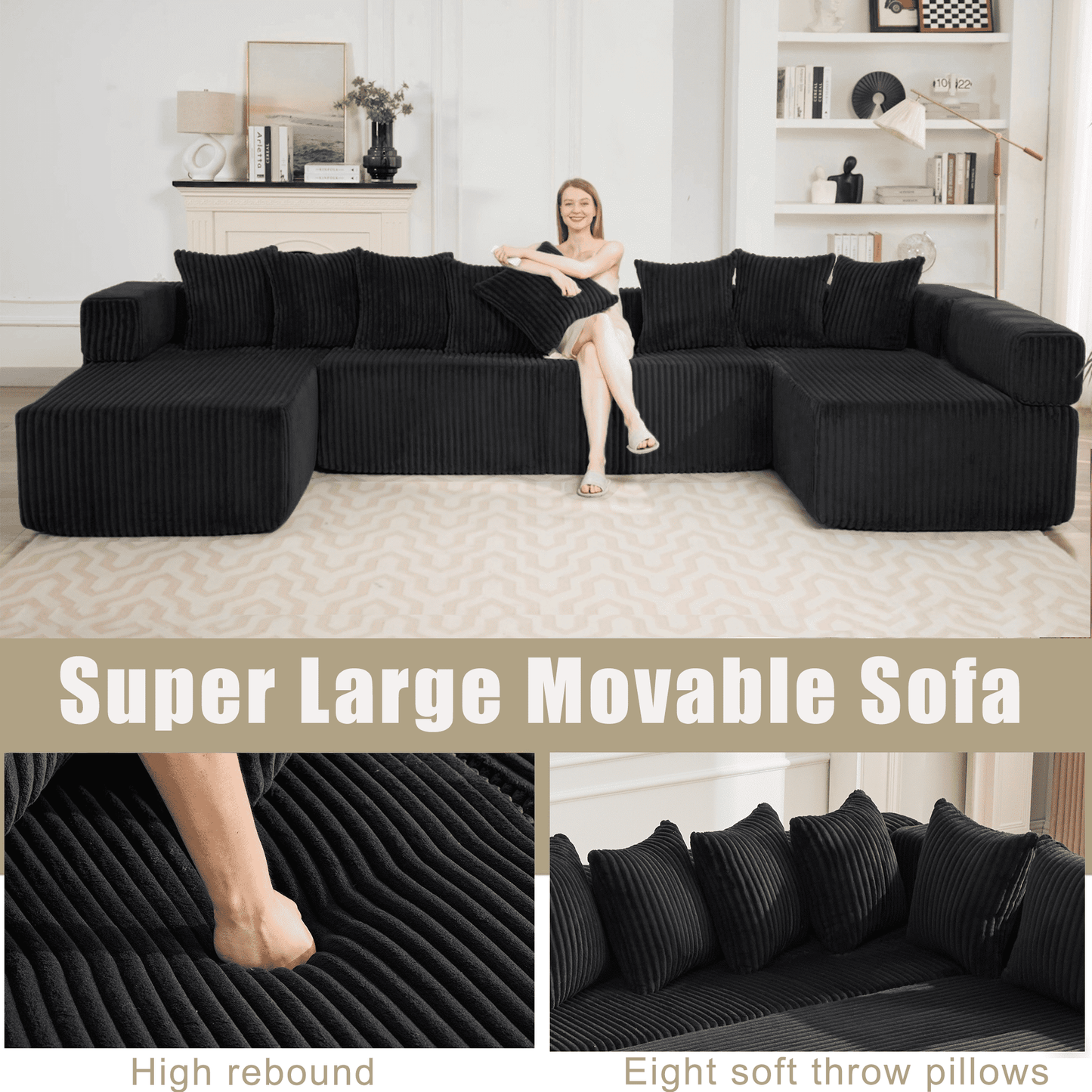 Black 6-Seat U-Shaped Sleeper Sectional Sofa – Convertible Corduroy Modular Couch with 8 Pillows & Storage Pocket