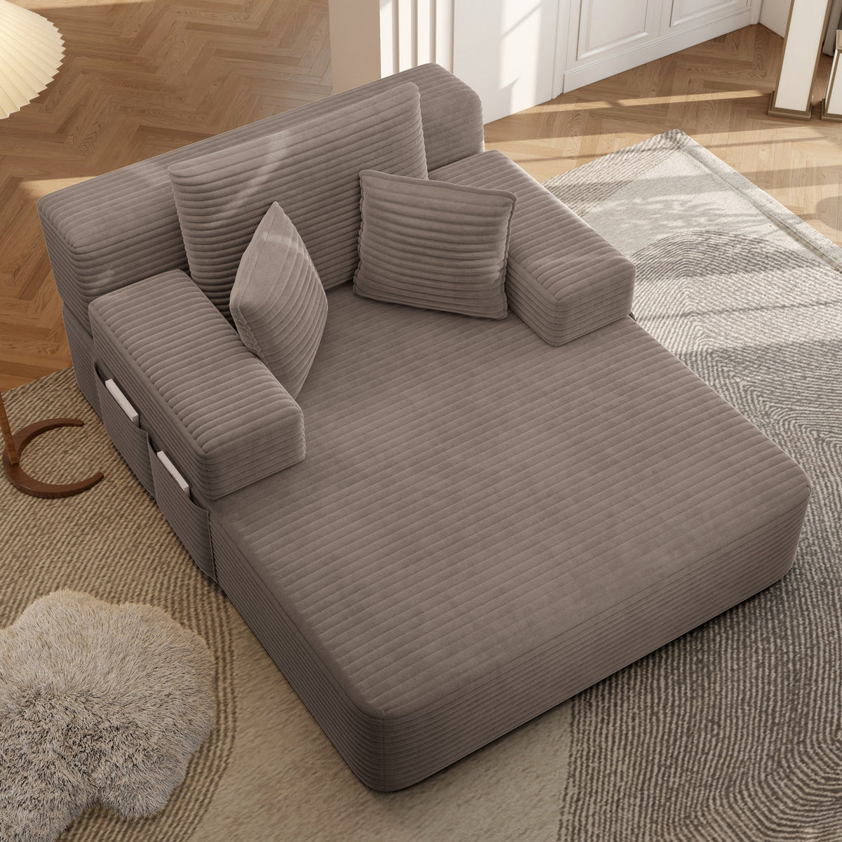 Oversized Plush Corduroy Chaise Lounge Sofa, Convertible Sleeper Couch Bed with Storage Pockets & 3 Pillows