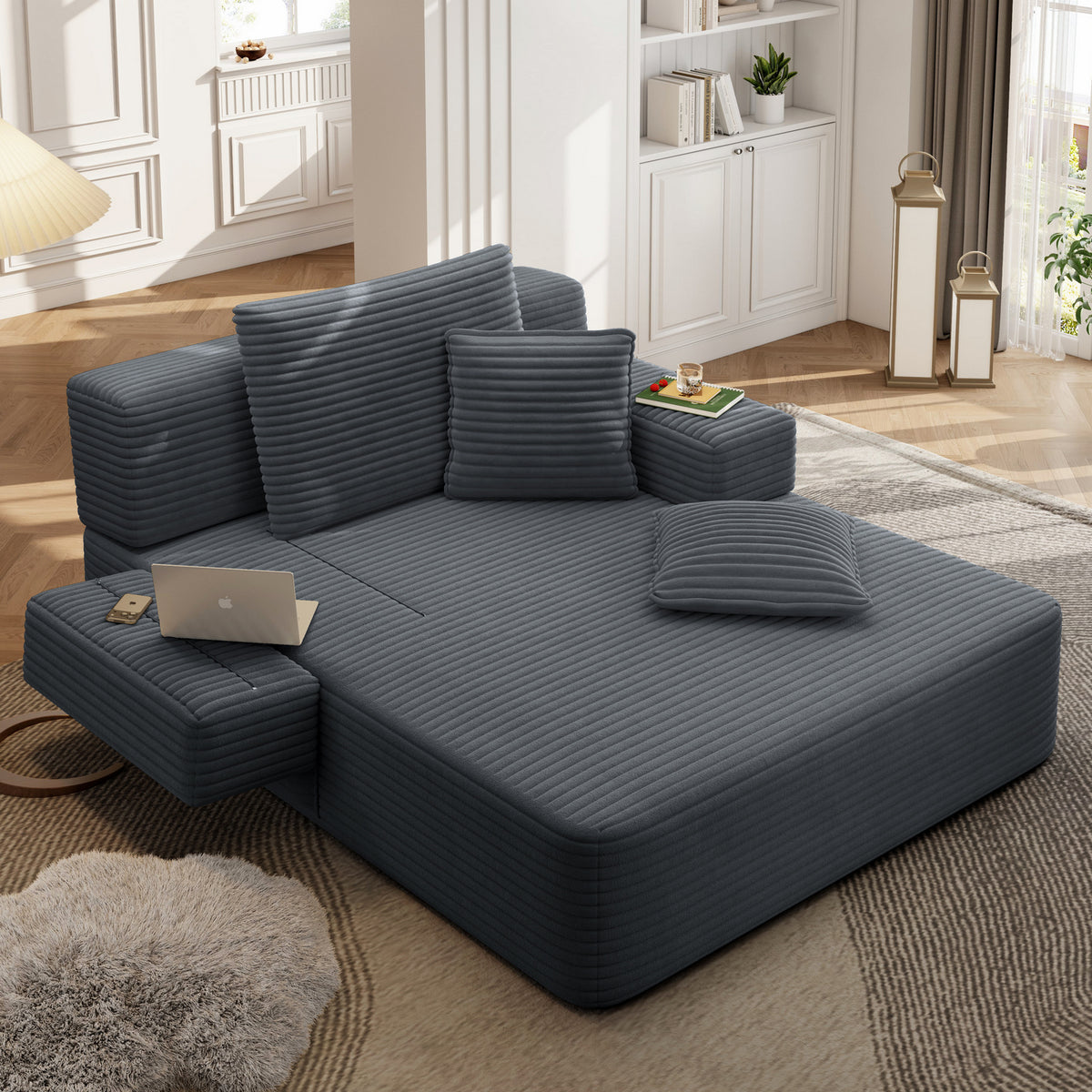 Oversized Plush Corduroy Chaise Lounge Sofa, Convertible Sleeper Couch Bed with Storage Pockets & 3 Pillows