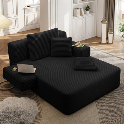 Oversized Plush Corduroy Chaise Lounge Sofa, Convertible Sleeper Couch Bed with Storage Pockets & 3 Pillows