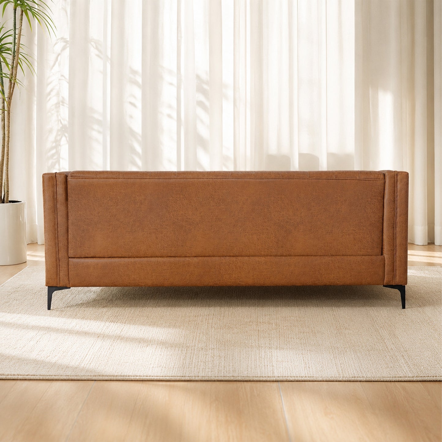 Brown Leather Sofa, Classic 3-Seater Living Room Couch with Button Tufted Design, Pocket Spring Cushion and Sturdy Wood Frame