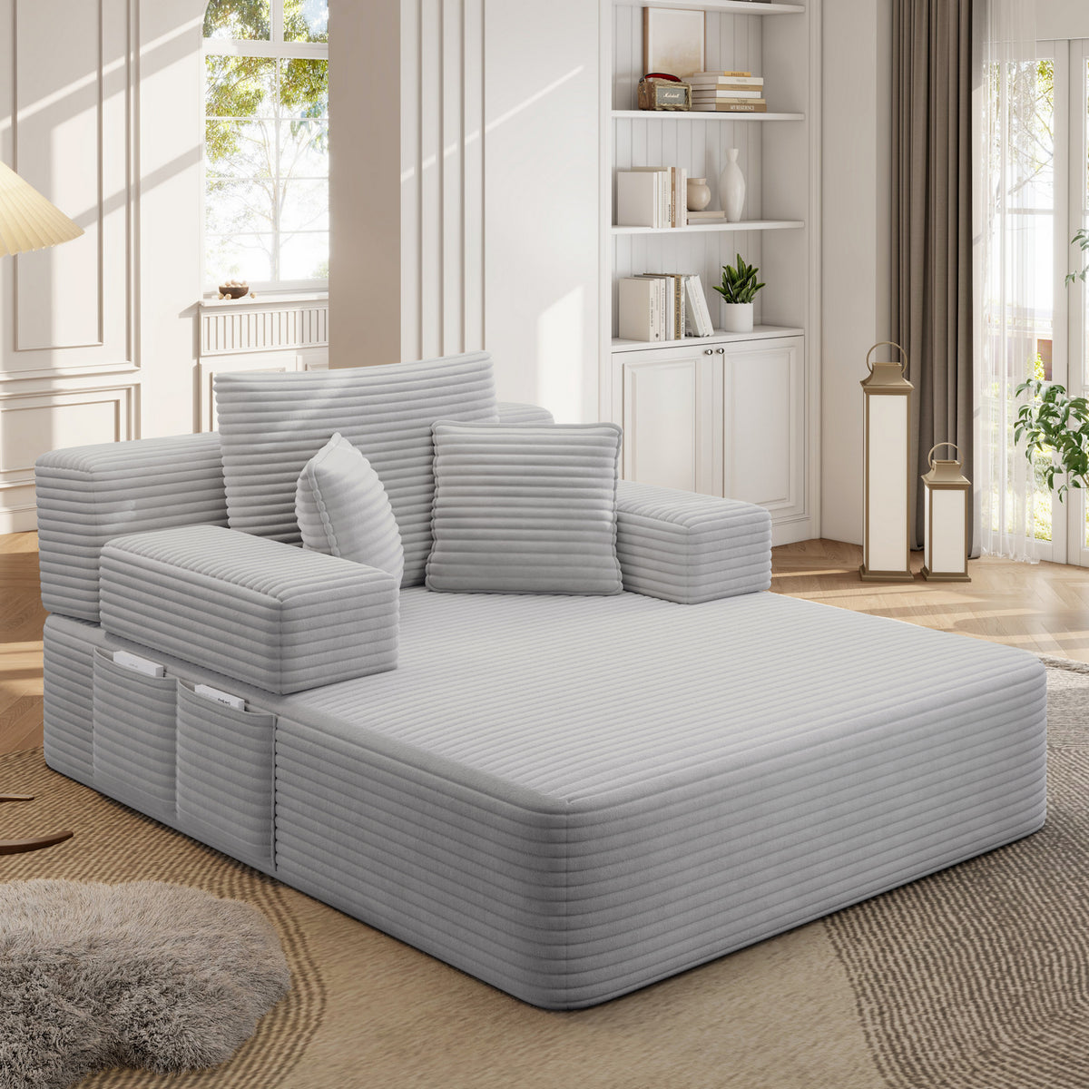 Oversized Plush Corduroy Chaise Lounge Sofa, Convertible Sleeper Couch Bed with Storage Pockets & 3 Pillows