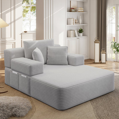 Oversized Plush Corduroy Chaise Lounge Sofa, Convertible Sleeper Couch Bed with Storage Pockets & 3 Pillows