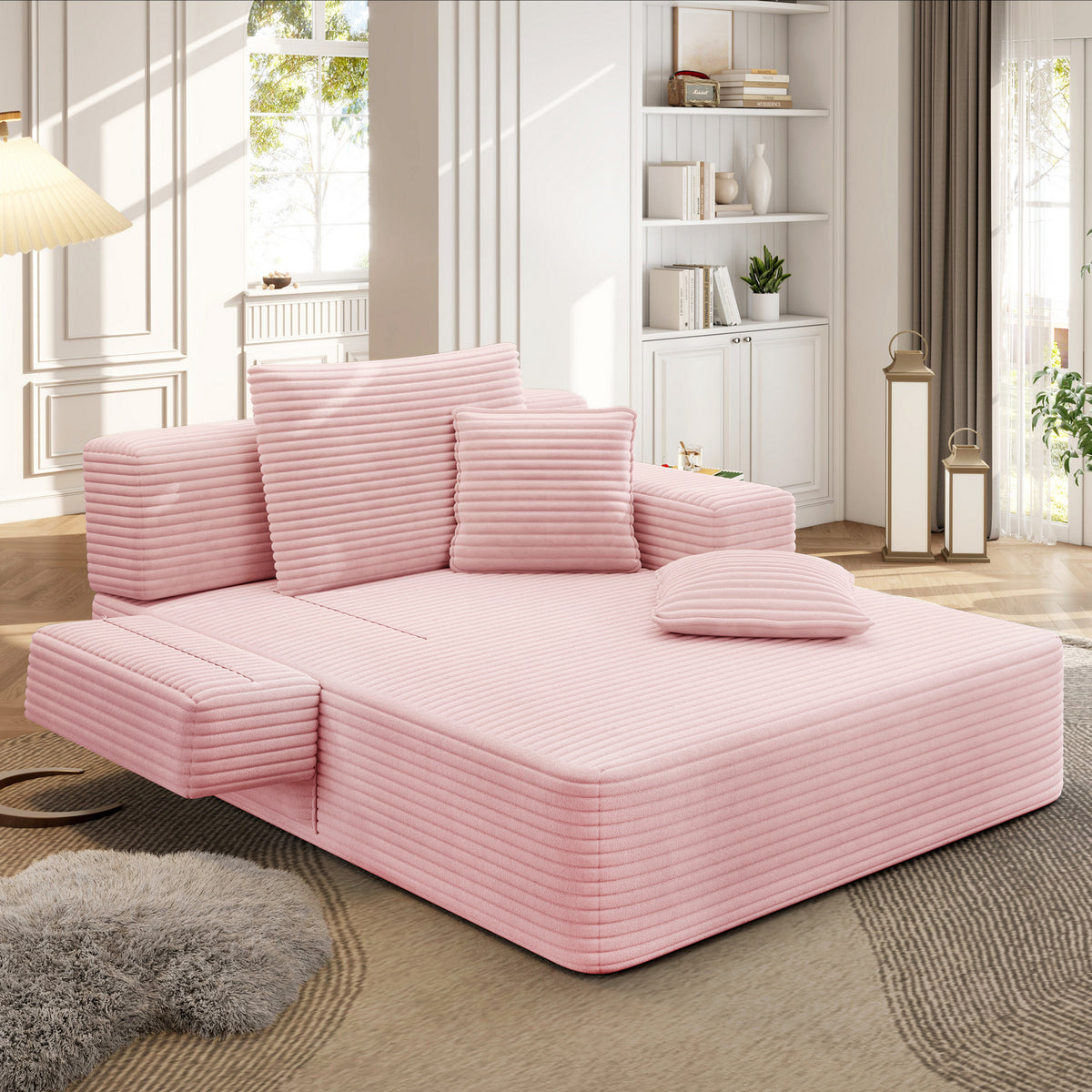Oversized Plush Corduroy Chaise Lounge Sofa, Convertible Sleeper Couch Bed with Storage Pockets & 3 Pillows
