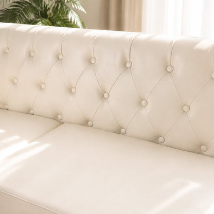 White Faux Leather Couch, Modern Tufted 3-Seat Sofa with Decorative Pillows, Metal Legs and High-Rebound Sponge Comfort for Home